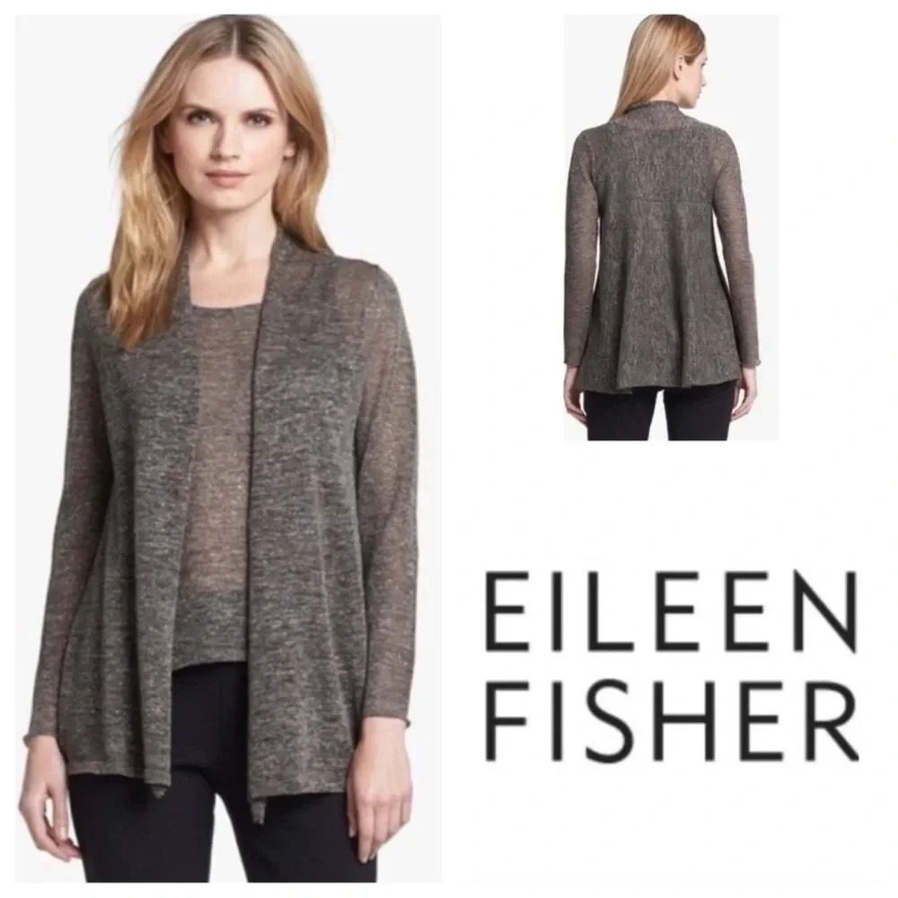 Eileen Fisher Open Front Knit Metallic Sparkle Gold Cardigan & Tank Set linen